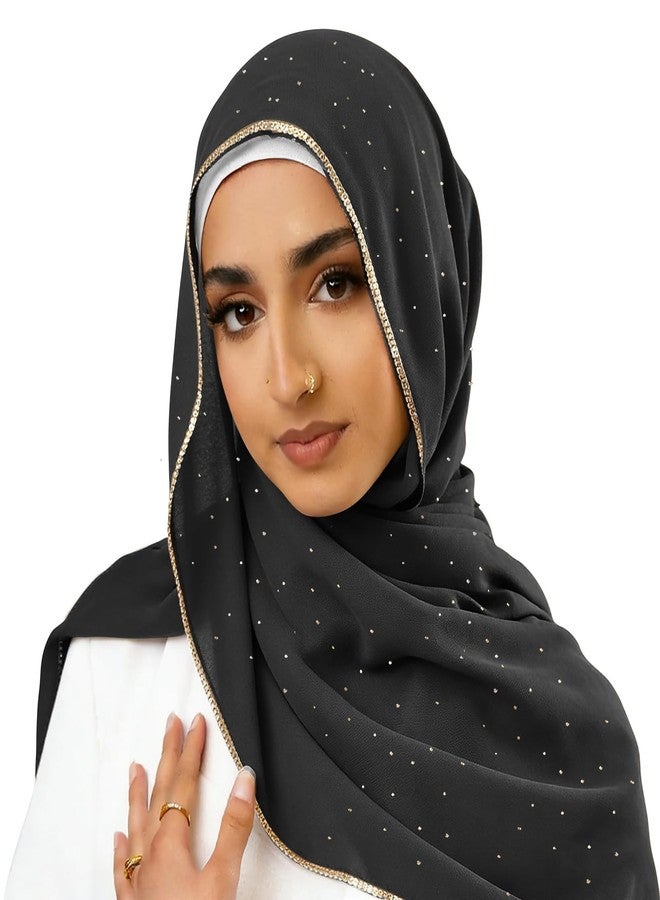 Piewag Hijab Scarf for Women Soft Chiffon Rhinestone Long Scarf Shawl Fashion Muslim Hijab Head Wrap Scarves Black - Image 1